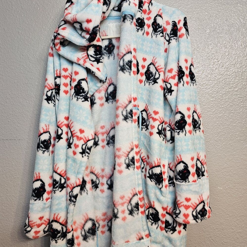 Cute Pug Print Plush Hooded Robe Womens L/XL Fleece Bathrobe Blue White Red X534